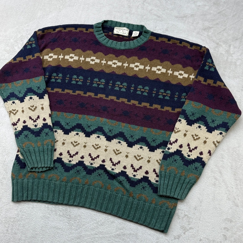 Vintage‎ Woods & Gray Sweater Mens XL Multi Color Geometric Raime Fair Isle